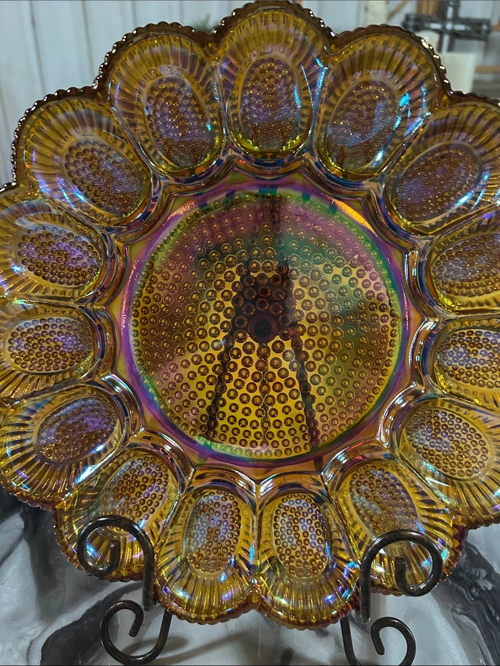 Indiana Glass Co. Iridescent Amber Carnival Hobnail Plate Deviled Egg Platter